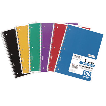Spiral Notebook, 1-Subject, Wide/Legal Rule, Randomly Assorted Cover Color, (100) 10.5 x 7.5 Sheets