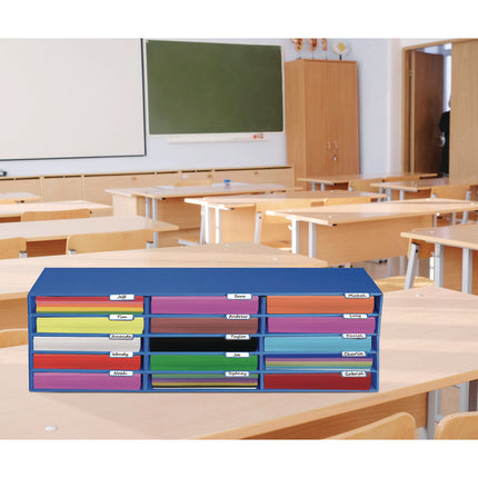15-Slot Paper Storage Desk Literature Organizer, 15 Sections, Letter Size, 29 x 13 x 9.5, Blue