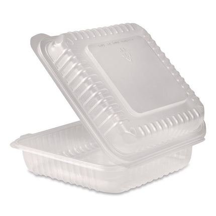 Polypropylene Plastic Hinged Container, 9.35 x 9.22 x 3.17, Clear, Plastic, 50/Pack, 4 Packs/Carton