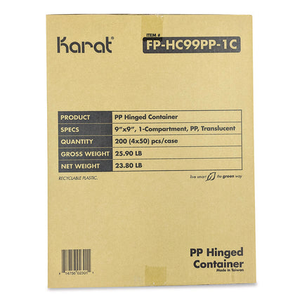 Polypropylene Plastic Hinged Container, 9.35 x 9.22 x 3.17, Clear, Plastic, 50/Pack, 4 Packs/Carton