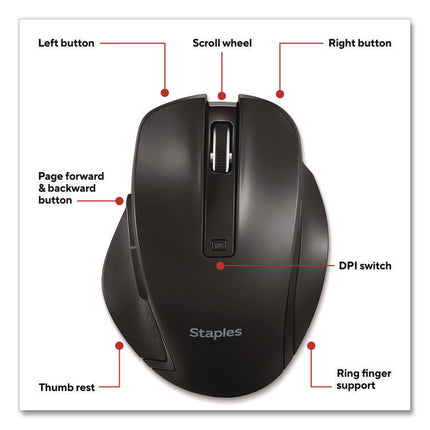 TECH Wireless Ergonomic Curved Optical USB Mouse, 2.4 GHz Frequency/33 ft Wireless Range, Left/Right Hand Use, Black