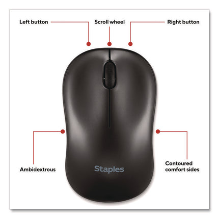 TECH Wireless Ambidextrous Optical USB Mouse, 2.4 GH Frequency, 33 ft Wireless Range, Left/RIght Hand Use, Black