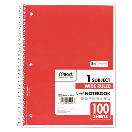 Spiral Notebook, 1-Subject, Wide/Legal Rule, Randomly Assorted Cover Color, (100) 10.5 x 7.5 Sheets