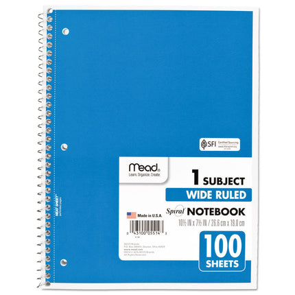 Spiral Notebook, 1-Subject, Wide/Legal Rule, Randomly Assorted Cover Color, (100) 10.5 x 7.5 Sheets