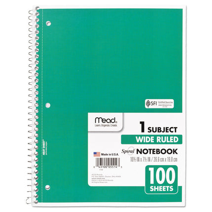 Spiral Notebook, 1-Subject, Wide/Legal Rule, Randomly Assorted Cover Color, (100) 10.5 x 7.5 Sheets