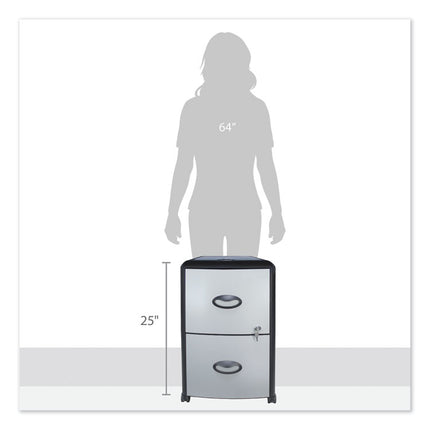 Mobile Filing Cabinet With Metal Siding And Top-Drawer Organizer Tray, 2 Letter File Drawers, Silver/black, 19" X 15" X 23"