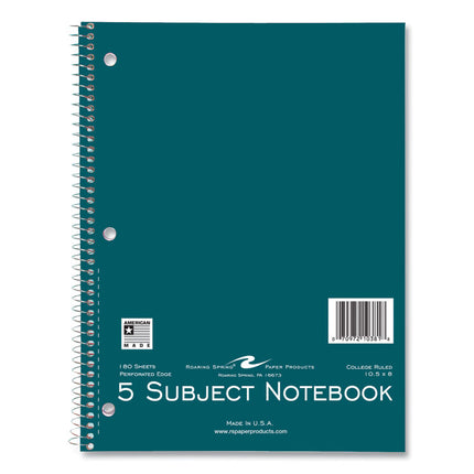 Subject Wirebound Notebook, 5-Subject, Medium/College Rule, Assorted Cover Colors, (180) 10.5 x 8 Sheets, 12/Carton