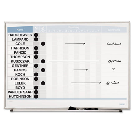 Matrix Employee In/Out Board, Horizontal, 15-Person Tracking, 23" x 16", White Surface, Satin Aluminum Frame