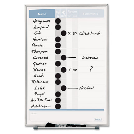 Matrix Employee In/Out Board, Vertical, 15-Person Tracking, 11" x 16", White Surface, Satin Aluminum Frame