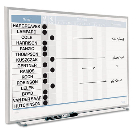 Matrix Employee In/Out Board, Horizontal, 15-Person Tracking, 23" x 16", White Surface, Satin Aluminum Frame