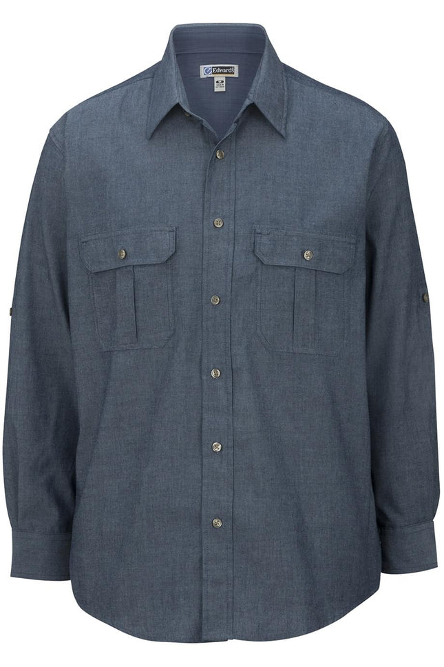 EDWARDS MENS CHAMBRAY ROLL UP SLEEVE SHIRT