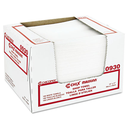 Masslinn Shop Towels, 1-Ply, 12 x 17, Unscented, White, 100/Pack, 12 Packs/Carton