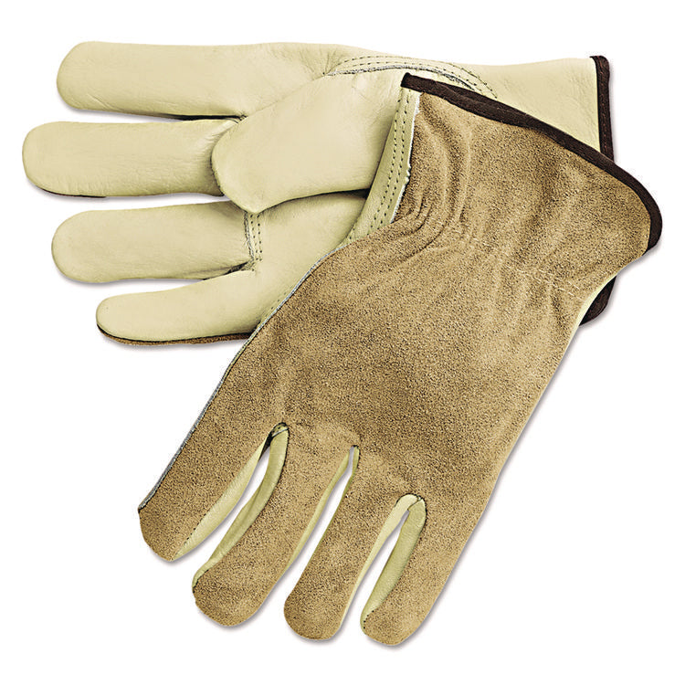 Dual Leather Industrial Gloves, Cream, Large, 12 Pairs