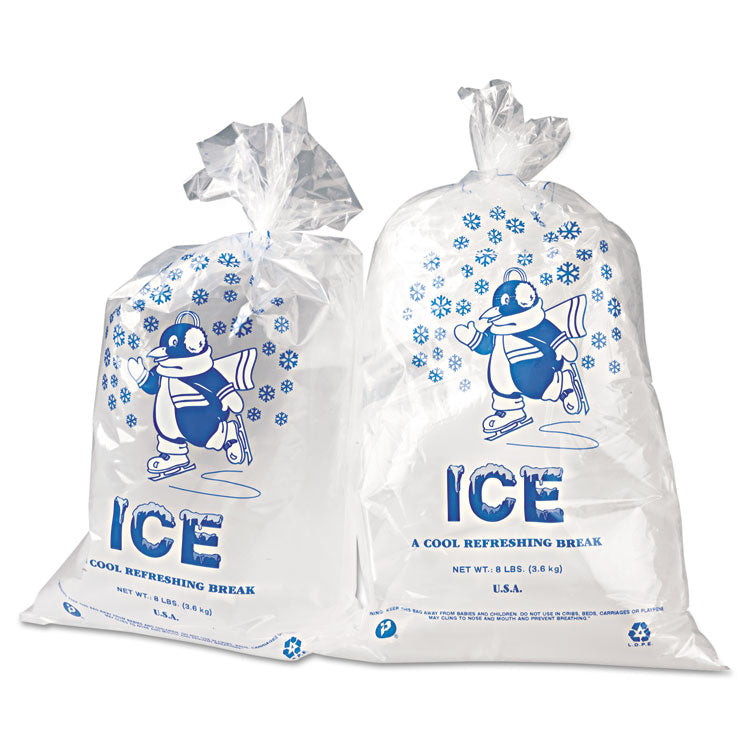 Ice Bags with Twist-Ties, Ice: Penguin Icon Labeling, 8 lb Capacity, 11" x 20", Clear, 1,000/Carton