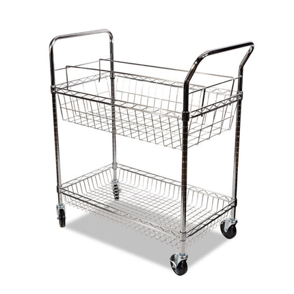 Carry-all Mail Cart, Metal, 1 Shelf, 1 Bin, 34.88" x 18" x 39.5", Silver