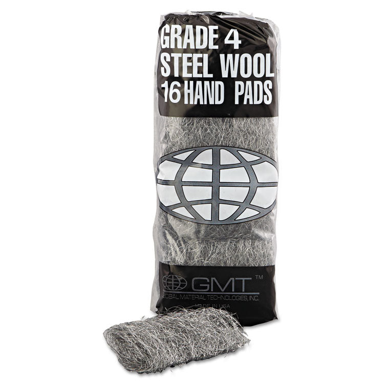 Industrial-Quality Steel Wool Hand Pads, #4 Extra Coarse, Steel Gray, 16 Pads/sleeve, 12 Sleeves/carton
