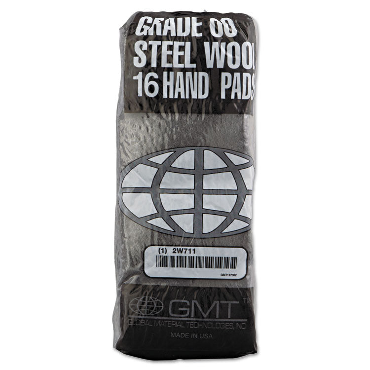 Industrial-Quality Steel Wool Hand Pads, #00 Very Fine, Steel Gray, 16 Pads/sleeve, 12/sleeves/carton