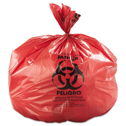 Low-Density Commercial Can Liners, Infectious Waste Biohazard, 45 gal, 1.3 mil, 40" x 46", Red, Interleaved, 20/RL, 5 RL/CT