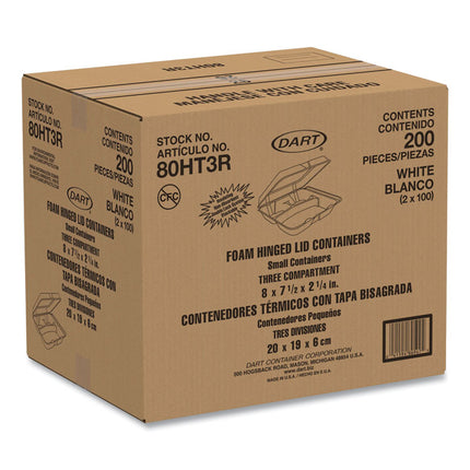 Foam Hinged Lid Containers, 3 Compartments, 7.5 x 8 x 2.3, White, 200/Carton