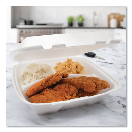 Foam Hinged Lid Container, Performer Perforated Lid, 3 Compartments, 9 x 9.4 x 3, White, 100/Bag, 2 Bag/Carton