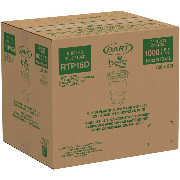 Bare Eco-Forward RPET Cold Cups, 16 oz to 18 oz, Plastic, Leaf Design, Clear, 50/Pack, 20 Packs/Carton