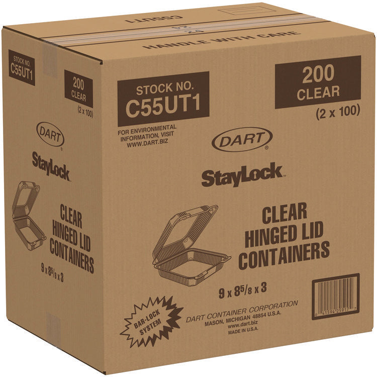 StayLock Clear Hinged Lid Containers, 8.6 x 9 x 3, Clear, Plastic, 100/Pack, 2 Packs/Carton