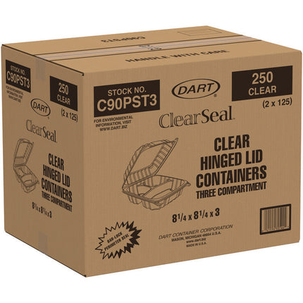 ClearSeal Hinged-Lid Plastic Containers, 8.25 x 8.25 x 3, Clear, Plastic, 125/Pack, 2 Packs/Carton