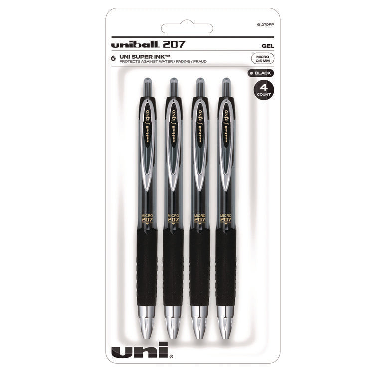 Signo 207 Gel Pen, Retractable, Fine 0.5 mm, Black Ink, Smoke/Black Barrel, 4/Pack