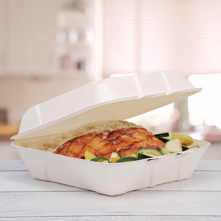 Compostable Molded Fiber Hinged Trays, ProPlanet Seal, 8.98 x 9.35 x 2.17, Ivory, 200/Carton