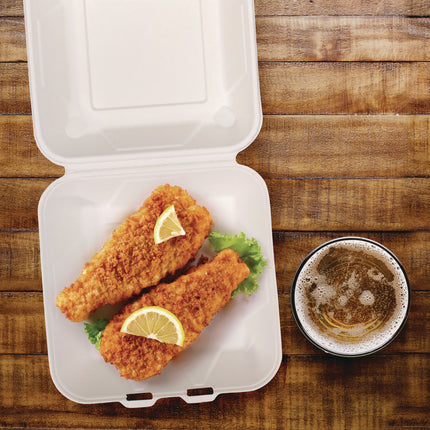 Compostable Molded Fiber Hinged Trays, ProPlanet Seal, 8.98 x 9.35 x 2.17, Ivory, 200/Carton