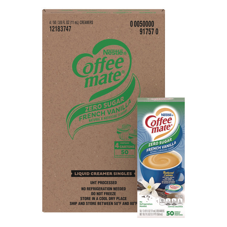 Liquid Coffee Creamer, Zero Sugar French Vanilla, 0.38 oz Mini Cups, 50/Box, 4 Boxes/Carton