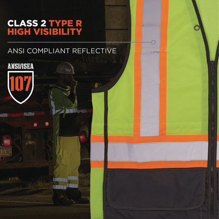GloWear 8251HDZ Class 2 Two-Tone Hi-Vis Safety Vest, Large to X-Large, Lime