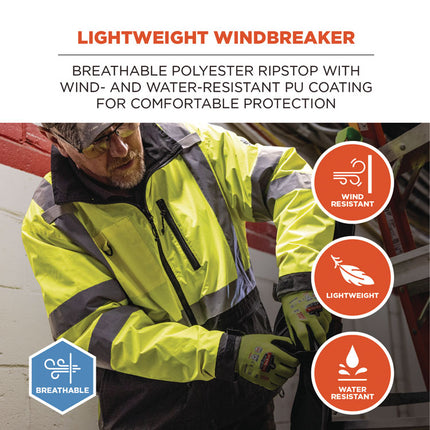GloWear 8351 Class 3 Hi-Vis Windbreaker Water-Resistant Jacket, X-Large, Lime