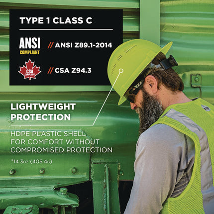 Skullerz 8968 Class C Lightweight Full Brim Hard Hat, Adjustable Venting, 6-Point Rachet Suspension, Lime
