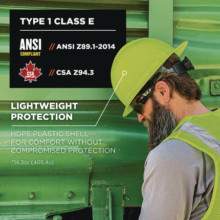 Skullerz 8969 Class E Lightweight Full Brim Hard Hat, 6-Point Rachet Suspension, Lime