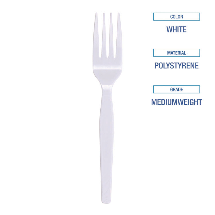 Mediumweight Polystyrene Cutlery, Fork, Plastic, White, 100/Box, 10 Boxes/Carton