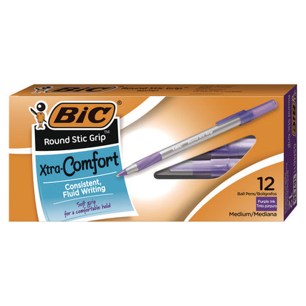 Round Stic Grip Xtra Comfort Ballpoint Pen, Easy-Glide System, Stick, Medium 1.2 mm, Purple Ink, Gray/Purple Barrel, Dozen