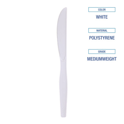 Mediumweight Polystyrene Cutlery, Knife, Plastic, White, 100/Box, 10 Boxes/Carton
