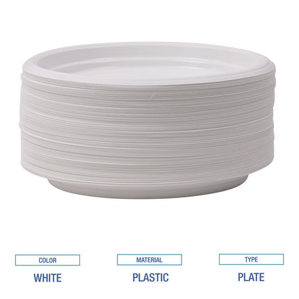 Hi-Impact Plastic Dinnerware, Plate, 9" Dia, White, 500/carton