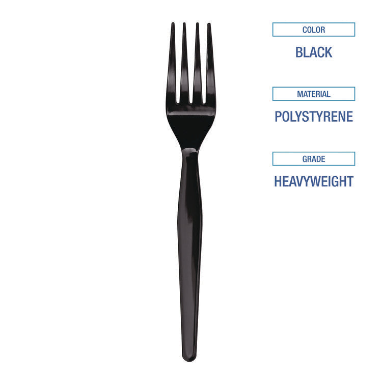 Heavyweight Polystyrene Cutlery, Fork, Plastic, Black, 1,000/Carton