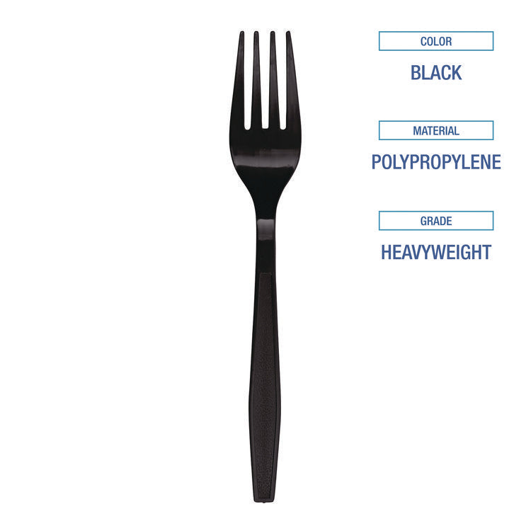 Heavyweight Polypropylene Cutlery, Fork, Plastic, Black, 1,000/Carton