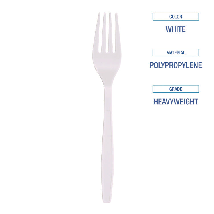 Heavyweight Polypropylene Cutlery, Fork, Plastic, White, 1,000/Carton