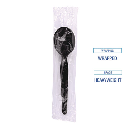 Heavyweight Wrapped Polystyrene Cutlery, Soup Spoon, Plastic, Black, 1,000/Carton