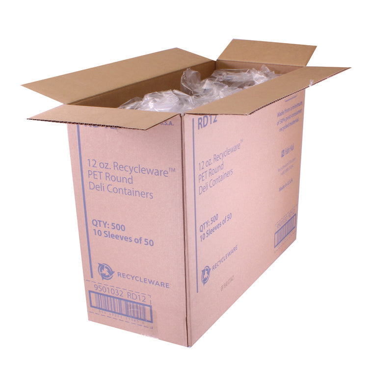 Recycleware Round Deli Container, 12 oz, 4.6" Diameter x 2.3" h, Clear, Plastic, 500/Carton