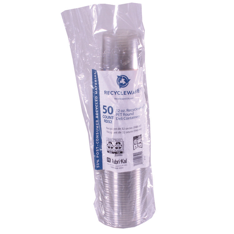 Recycleware Round Deli Container, 32 oz, 4.6" Diameter x 5.8" h, Clear, Plastic, 500/Carton