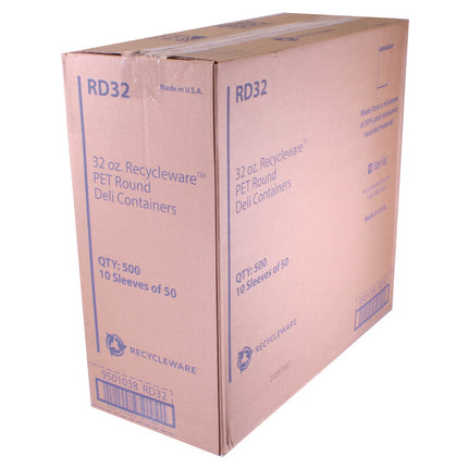 Recycleware Round Deli Container, 32 oz, 4.6" Diameter x 5.8" h, Clear, Plastic, 500/Carton