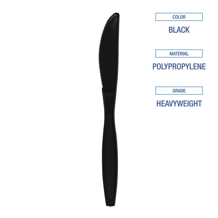 Heavyweight Polypropylene Cutlery, Knife, Plastic, Black, 1,000/Carton