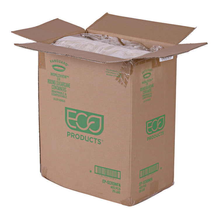 Vanguard Worldview Renewable and Compostable Sugarcane Take-Out Containers, 34.1 oz, 9 x 9 x 1.25, White, 400/Carton