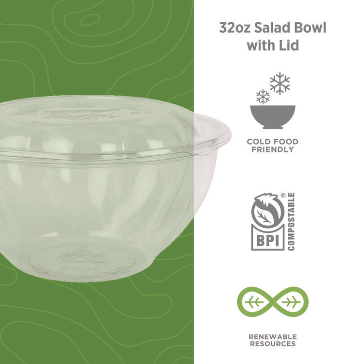 Renewable and Compostable Salad Bowls with Lids, 32 oz, Clear, Plastic, 50/Pack, 3 Packs/Carton