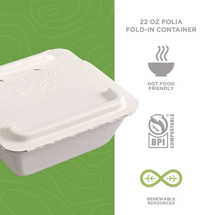 Vanguard Folia Renewable and Compostable Take-Out Container, 3 Compartments, 22 oz, 5.39 x 5.94 x 2, White, Sugarcane, 300/CT